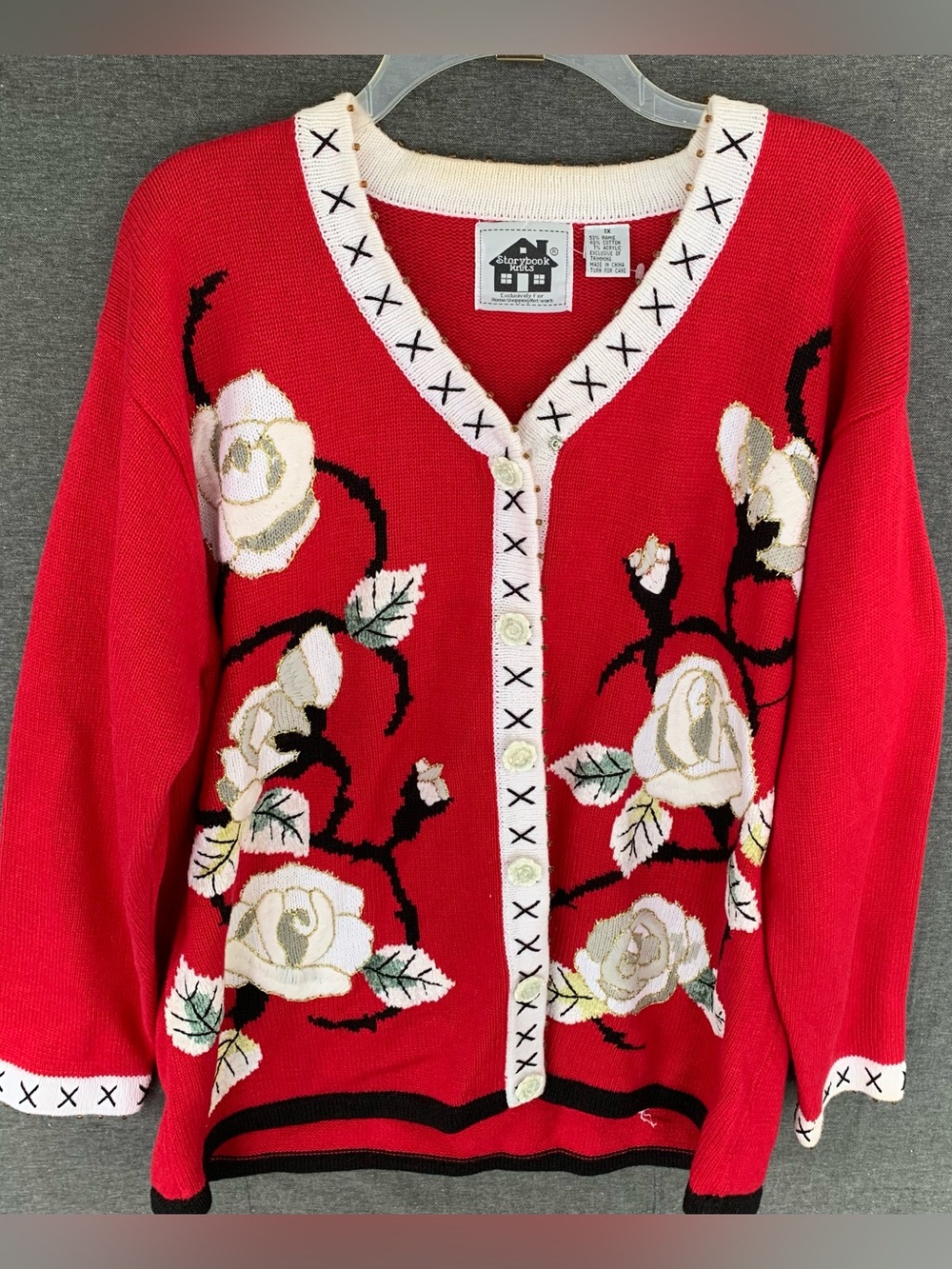 Storybook Knits Cardigan Sweater White Roses Embroidered Womens Size 1X Y2K